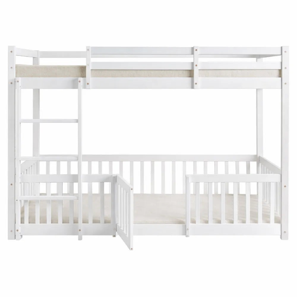 Lit superposé 200x90 cm avec escalier et barrière de sécurité, bois massif blanc