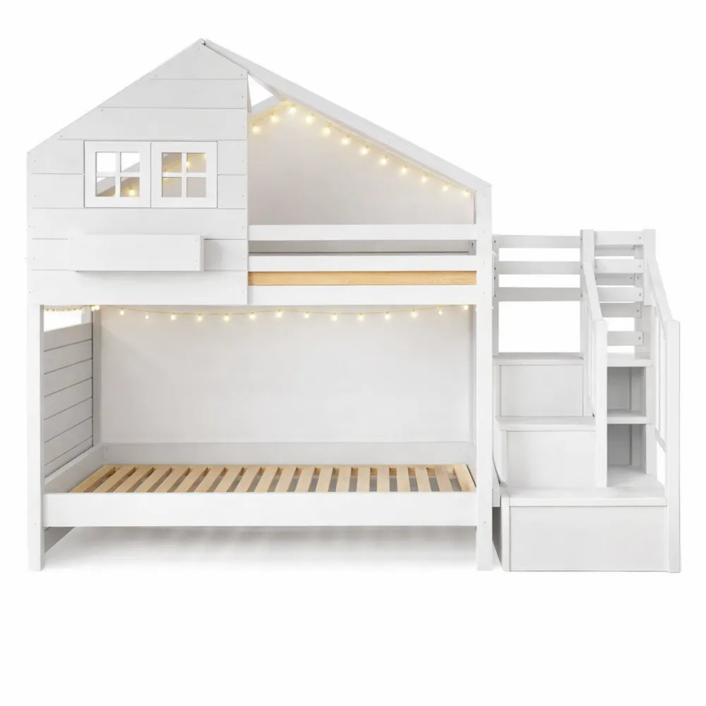 Lit Superposé 90x200cm avec Toboggan et Escaliers de Rangement