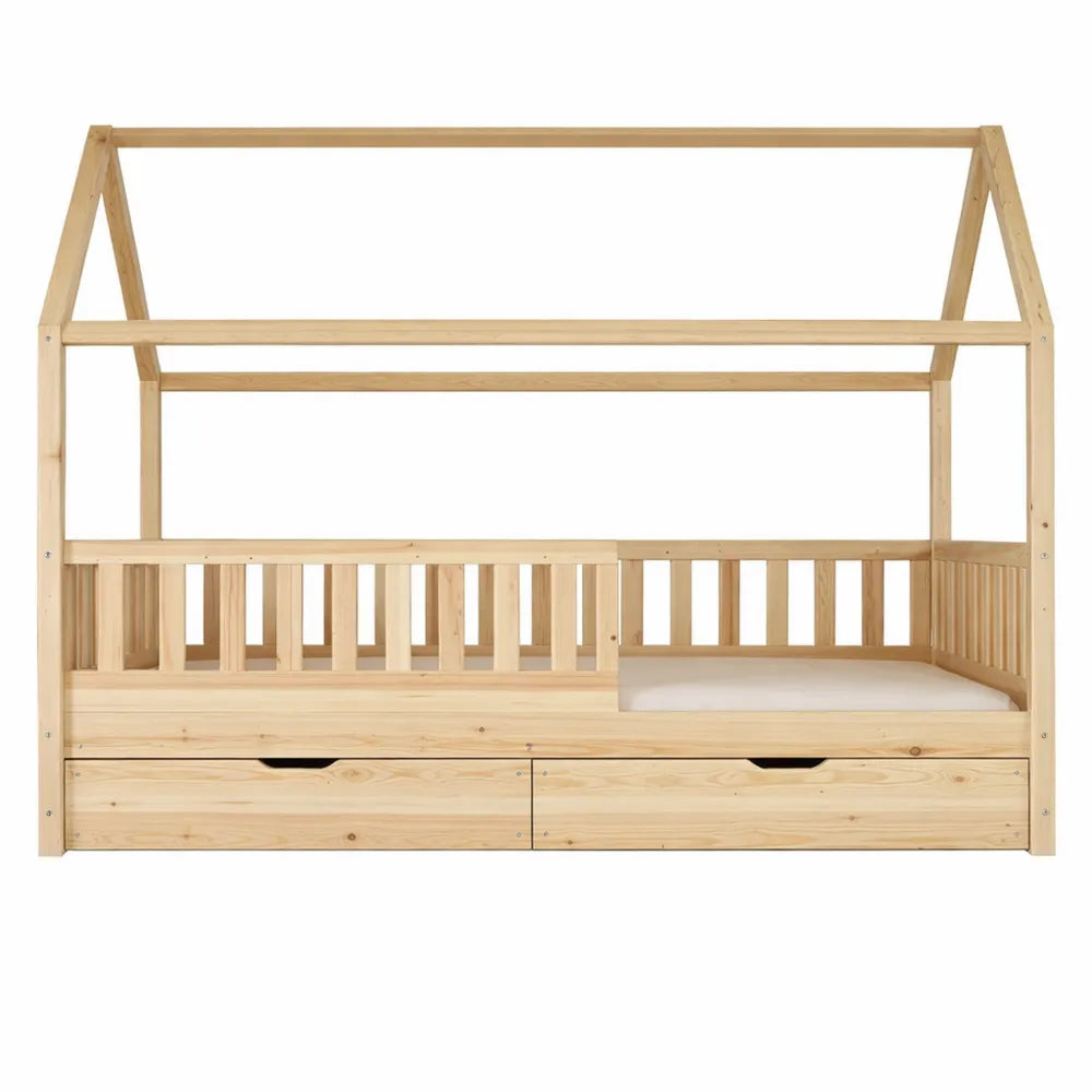 Lit pour Enfants en Bois Naturel avec Tiroirs et Protection Anti-Chute