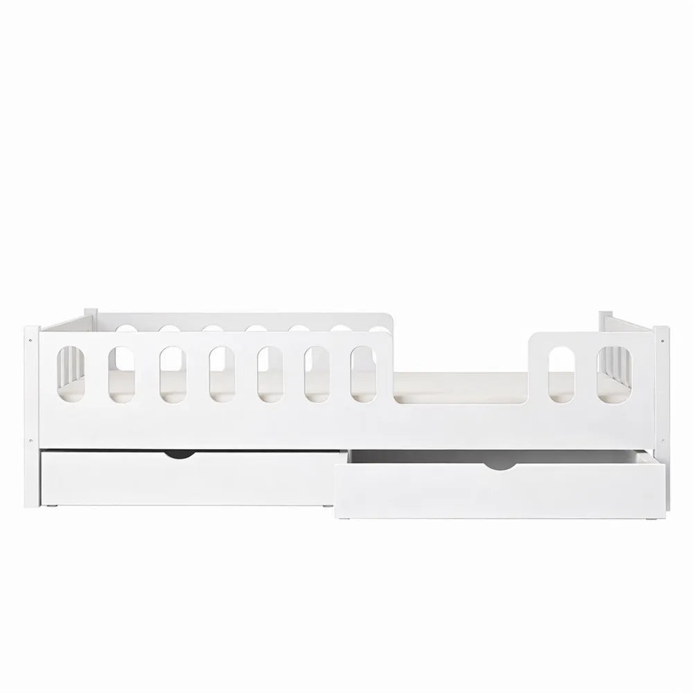 Lit enfant blanc 90x200 cm avec barrière amovible et tiroirs