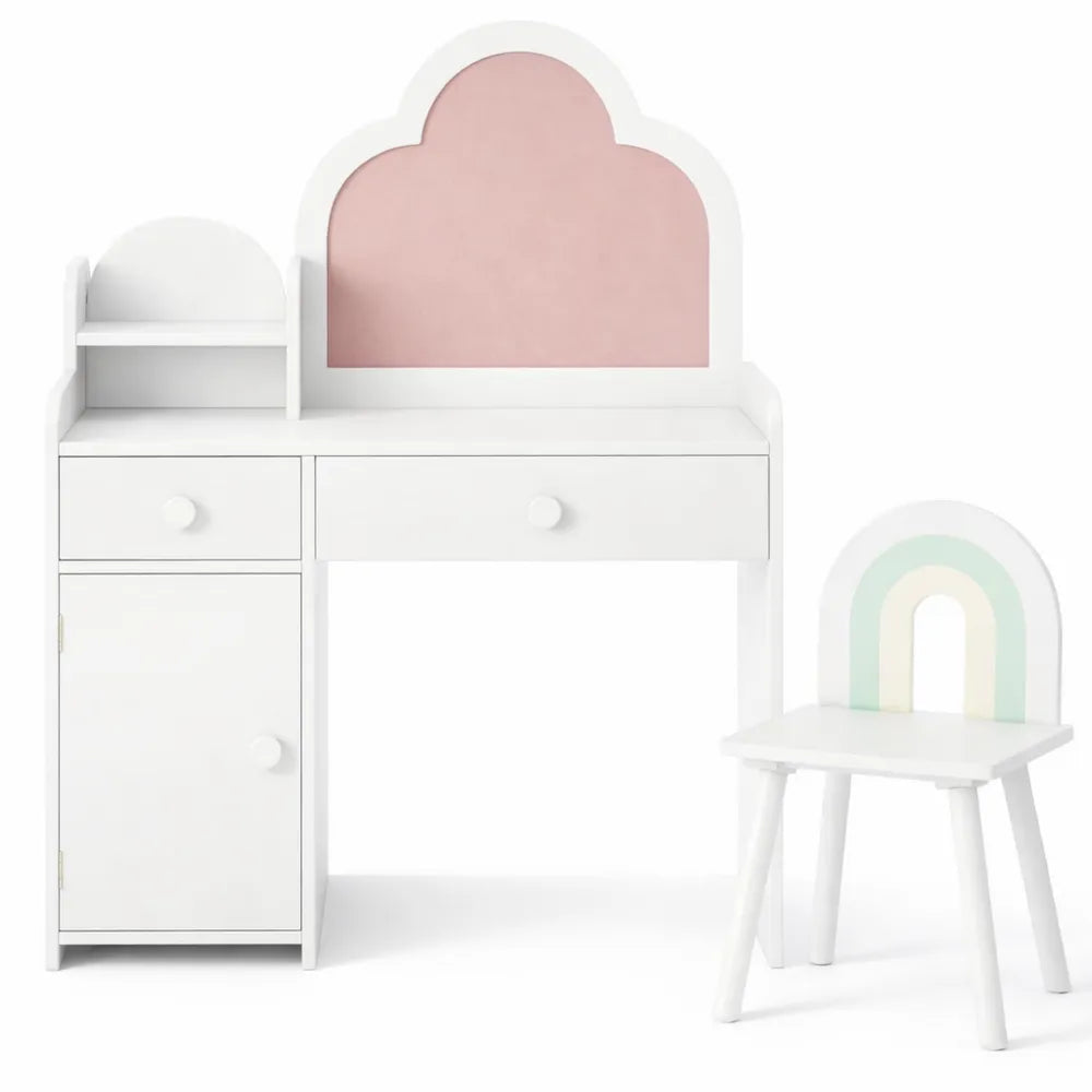 Coiffeuse Enfant avec Miroir Amovible et Tabouret, Meuble de Maquillage avec Rangement, Blanc