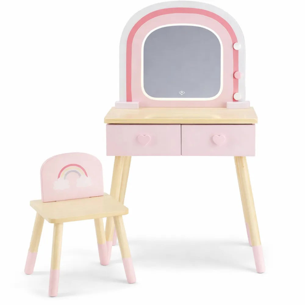 Table de maquillage enfant avec miroir LED et lumière ajustable, tabouret inclus